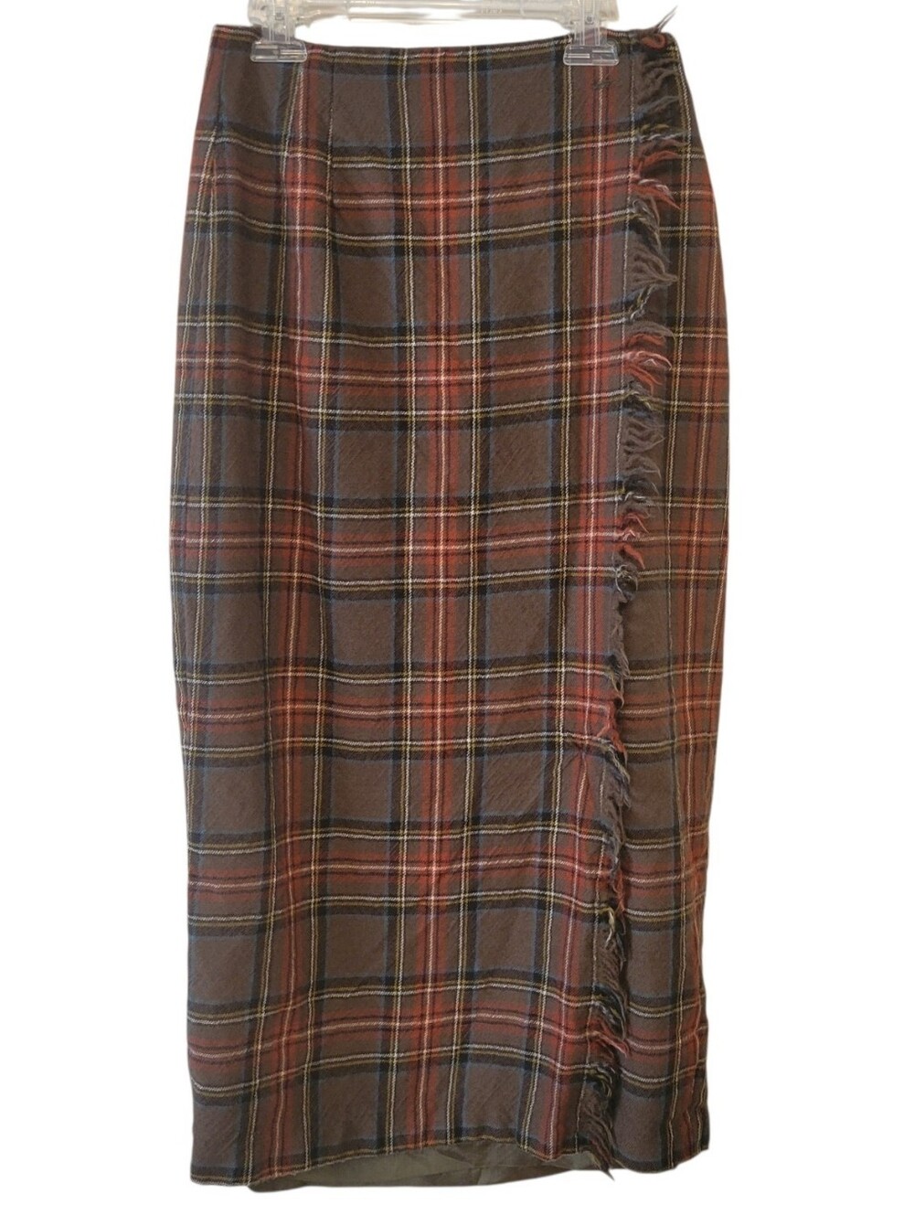 Vintage Olive Green & Orange Plaid Wool Wrap Midi Skirt Size 8